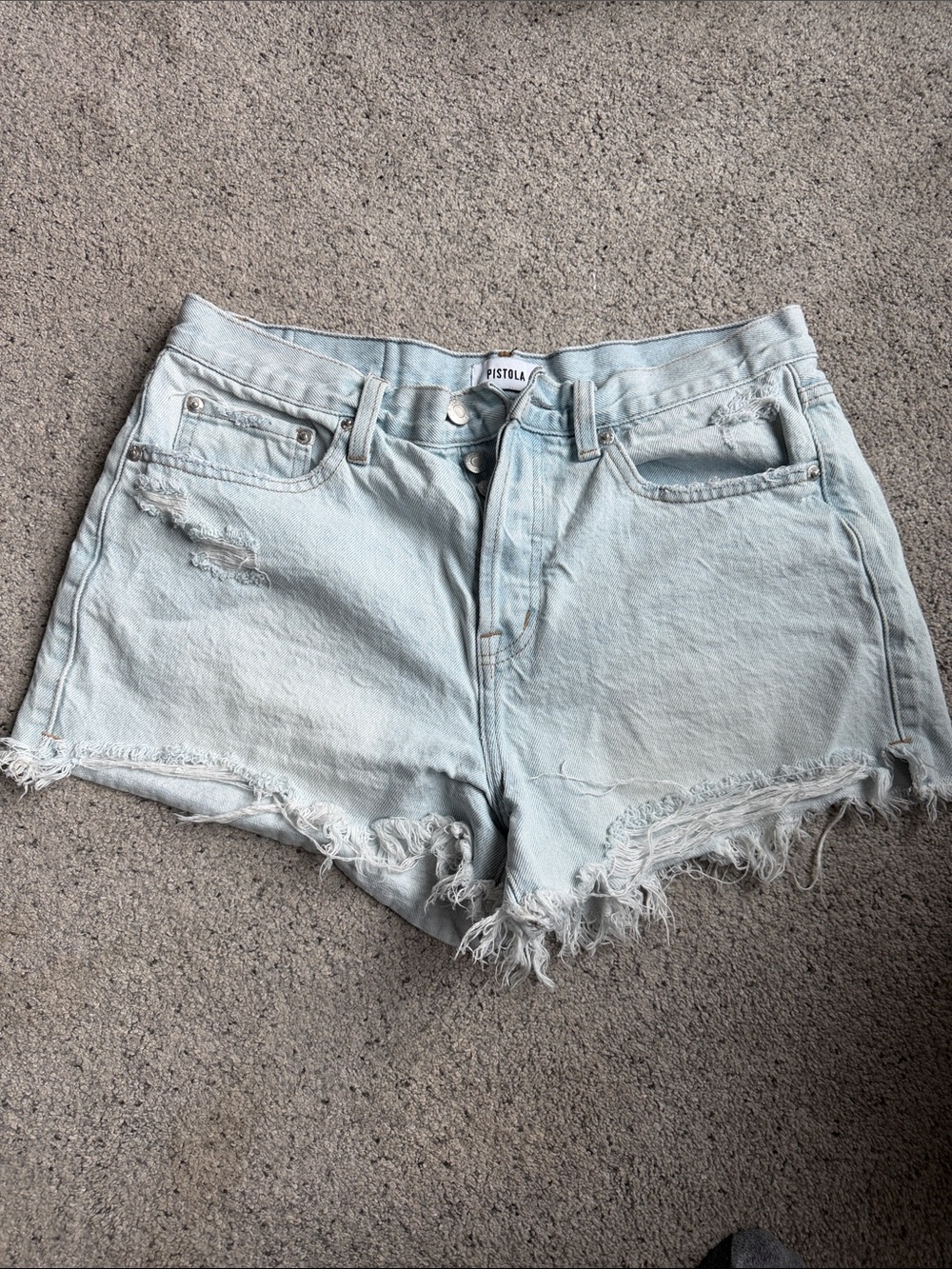 Pistola Light Blue High-Rise Distressed Denim Shorts